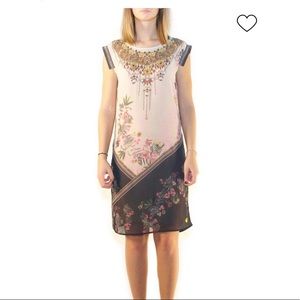 Desigual Elo Beaded Floral Print Flapper Shift Dress in Black and Light Pink